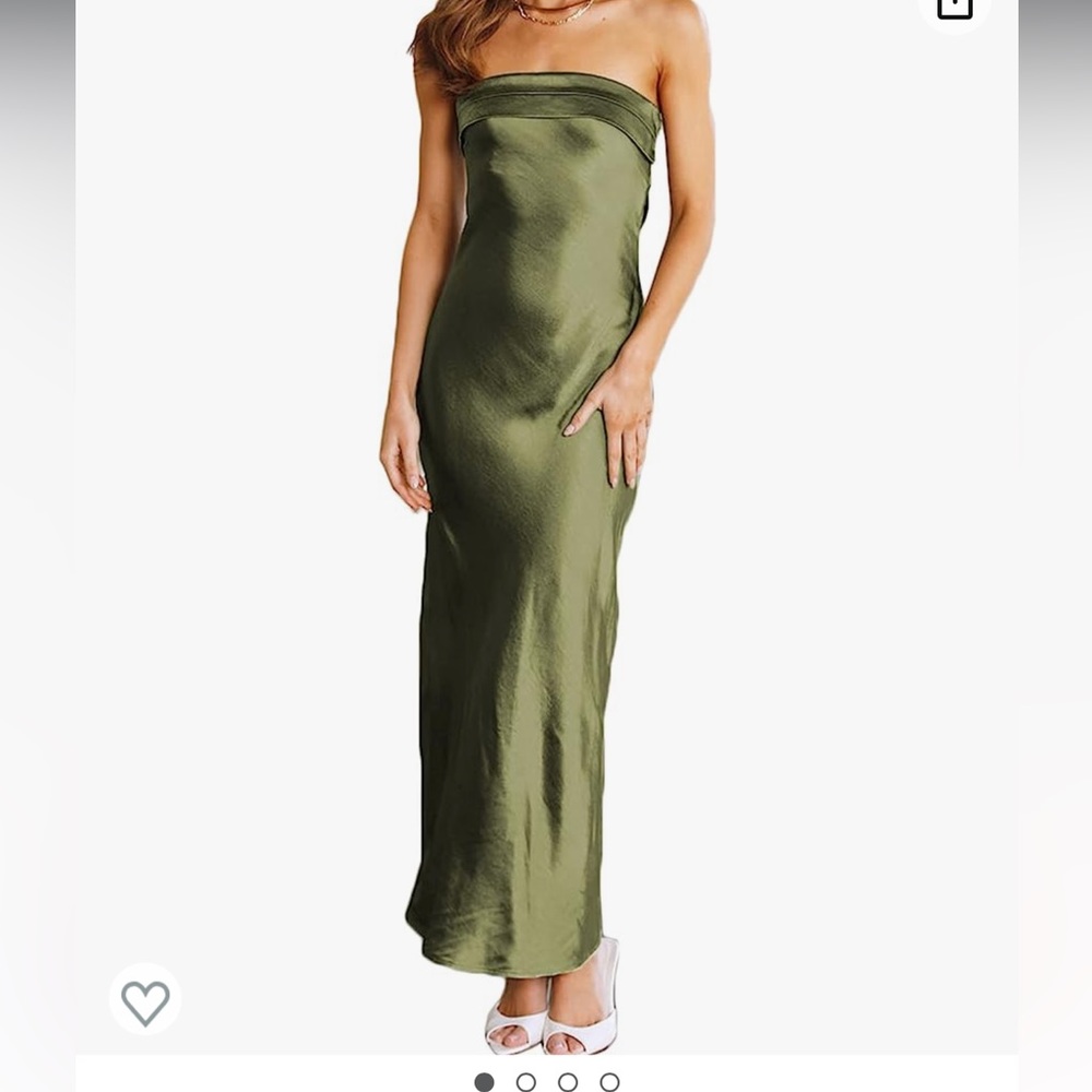 Olive Green Strapless Satin Maxi Dress